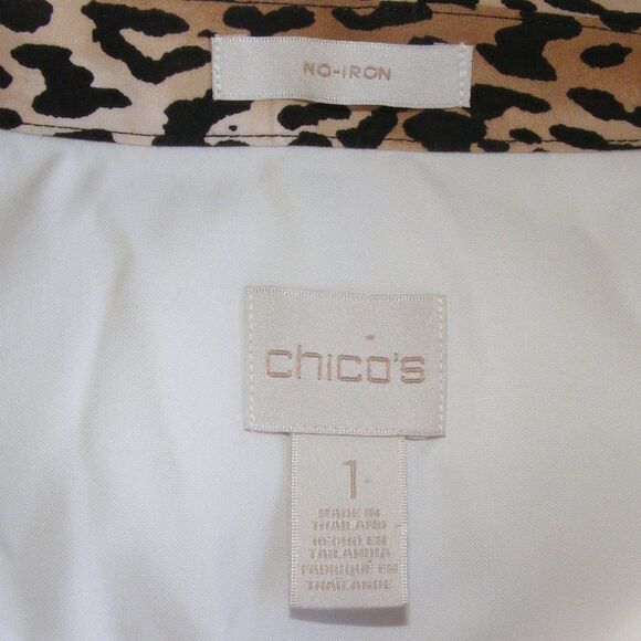 CHICO'S Top, 1/M, White, NO Iron, Leopard Accents, 3/4 sleeves, hidden buttons - Picture 10 of 13